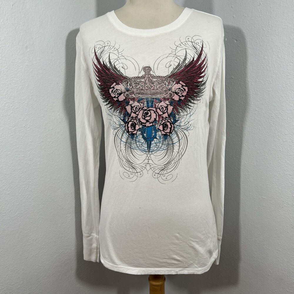 Stranded Shirt Womens L White Wings‎ Burnout Graphic Crew Y2K